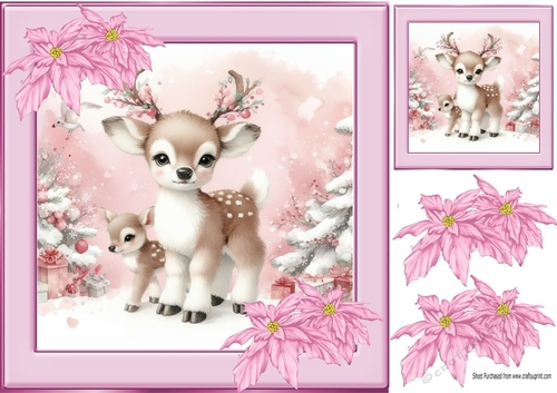 Pretty Deers With Pink Poinsettias 8x8 (Four)