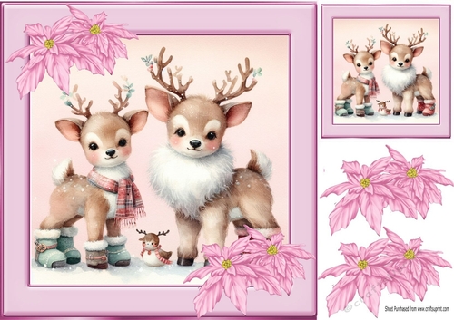 Pretty Deers With Pink Poinsettias 8x8 (Five)