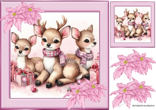 Pretty Deers With Pink Poinsettias 8x8 (six)