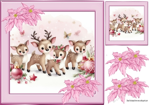 Pretty Deers Playing With Pink Poinsettias 8x8 (seven)