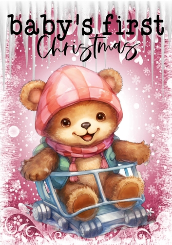 Babys 1st Christmas, With Cute Bear And Snow A4 Pink