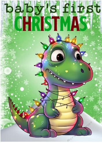 Cute Babys 1ST Christmas With Dinosaur Lights And Snow A4
