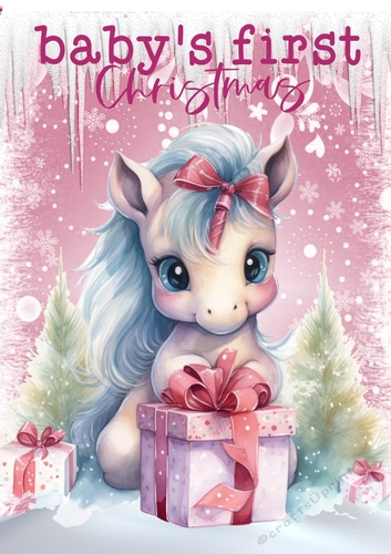 Babys 1st Christmas With Cute Pink Pony & Snow A4