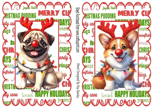 2 Lovely Christmas A5 Toppers, With Cute Dogs With Red Noses (Two)