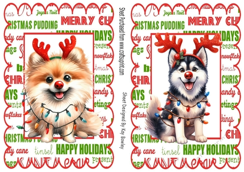 2 Lovely Christmas A5 Toppers, With Cute Dogs With Red Noses (Four)