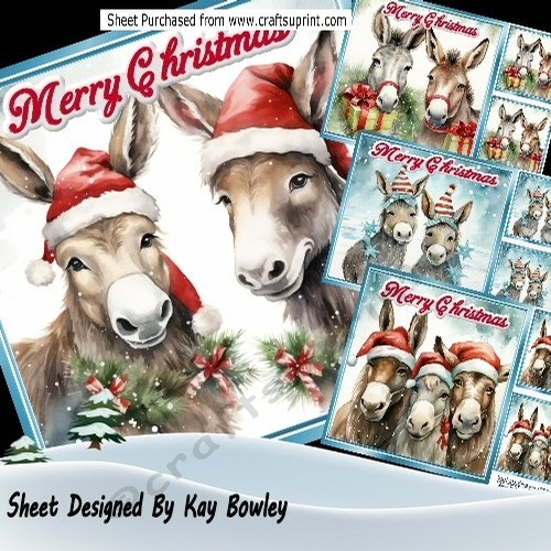 4 Lovely Christmas Donkeys In Santa Hats 8x8 Card Fronts Mini Kit