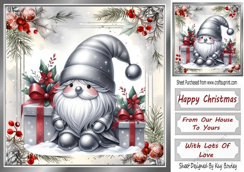 Lovely Gnome With Red & Silver Holly Christmas 8x8 (One)