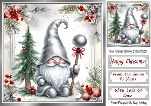 Lovely Gnome With Red & Silver Holly Christmas 8x8 (Two)