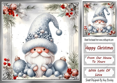 Lovely Gnome With Red & Silver Holly Christmas 8x8 (Three)