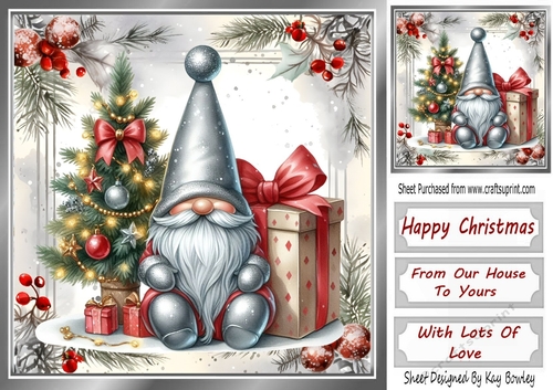 Lovely Gnome With Red & Silver Holly Christmas 8x8 (Four)