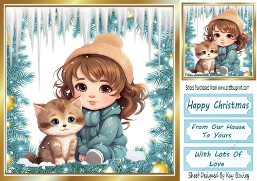 Lovely Little Girl With Her Kitten In The Snow 8x8 (One)