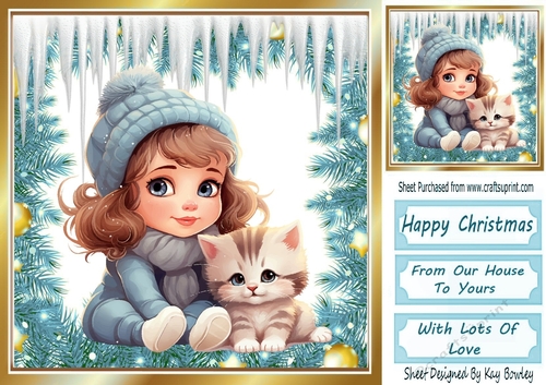 Lovely Little Girl With Her Kitten In The Snow 8x8 (Two)