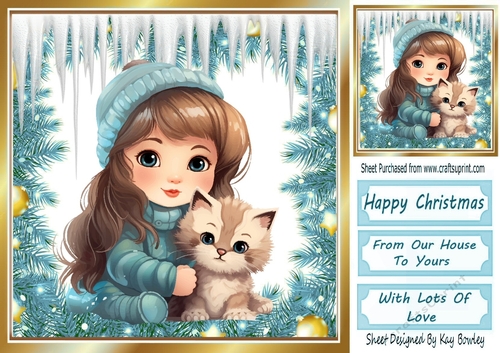 Lovely Little Girl With Her Kitten In The Snow 8x8 (Three)