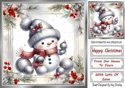 Lovely Snowman With Red & Silver Holly Christmas 8x8 (One)