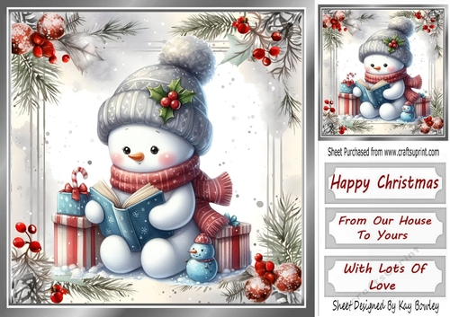Lovely Snowman With Red & Silver Holly Christmas 8x8 (Two)