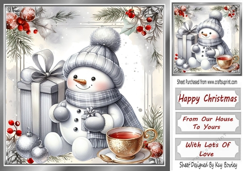 Lovely Snowman With Red & Silver Holly Christmas 8x8 (Three)