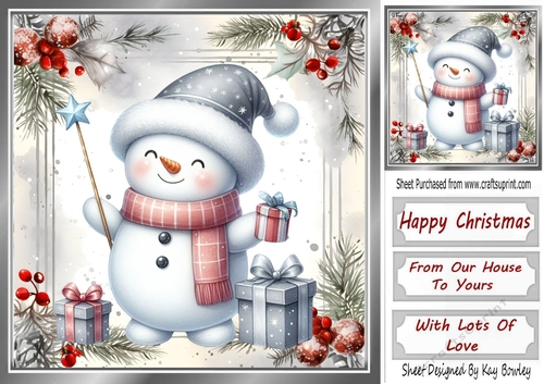 Lovely Snowman With Red & Silver Holly Christmas 8x8 (Four)