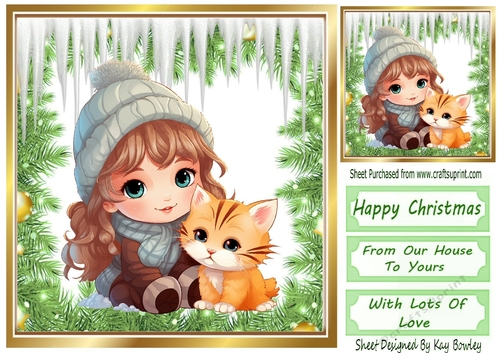 Sweet Little Girl With Her Kitten In The Snow 8x8 Green (One)