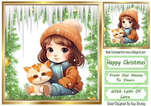 Sweet Little Girl With Her Kitten In The Snow 8x8 Green (Two)