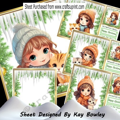  4 Sweet Little Girls With Her Kittens In The Snow 8x8 Green Mini Kit