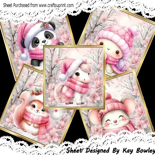 5 Lovely Pink Christmas With Animals Card Fronts 8x8 Mini Kit