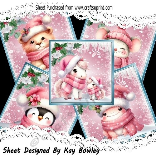 5 Lovely Pink/Blue Christmas With Cute Animals Card Fronts 8x8 Mini Kit