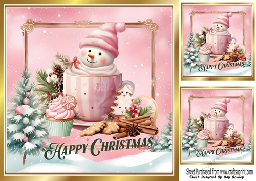 Pink Christmas With Tree & Teacup Snowman With Words 8x8
