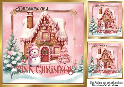 Pink Christmas With Tree & Cottage With Words 8x8