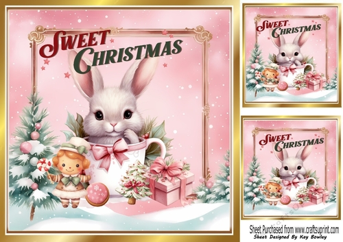 Pink Christmas With Tree & Cute Bunny With Gifts & Words 8x8