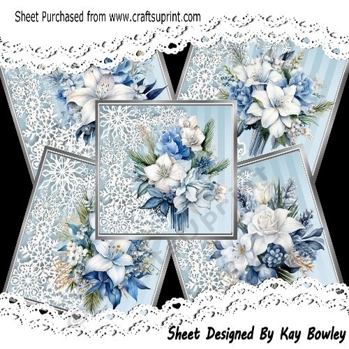 5 Winter Blue Flowers On Snowflake Borders 8x8 Card Mini Kit