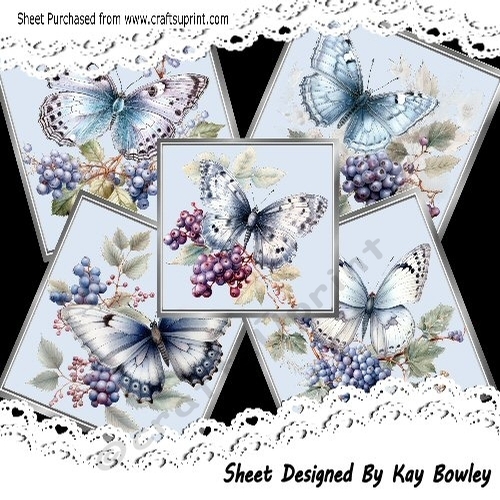 5 Lovely Blue Butterflies With Berries 8x8 Cards Mini Kit