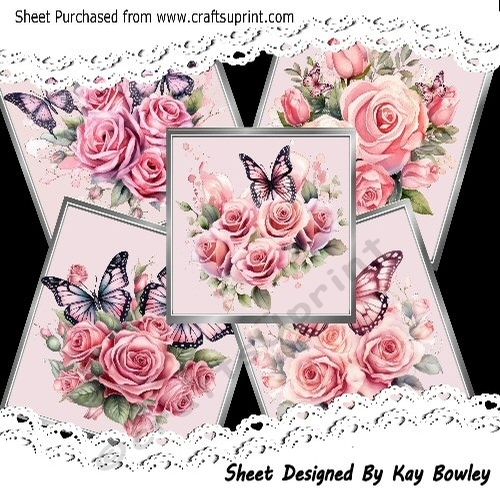 5 Pretty Pink Roses With Butterflies In Silver Frames 8x8 Cards Mini Kit
