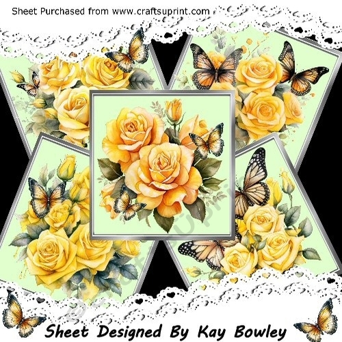 5 Lovely Yellow Roses & Butterflies 8x8 Silver Frames Cards Mini Kit