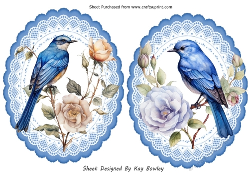 2 Pretty Blue Bird Toppers with Flowers (One)