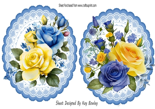 2 Pretty Blue/Yellow Rose Toppers (Three)