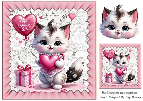 Cute White Valentine Kitty With Heart & Gift 8x8