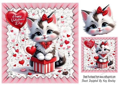 Cute White Valentine Kitty With Bow & Gift 8x8