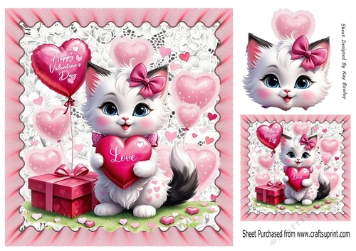 Cute White Valentine Kitty With Pink Hearts 8x8