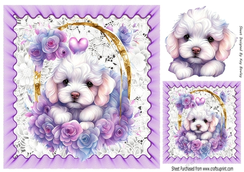 Cute White Puppy In Basket Of Purple Roses 8x8