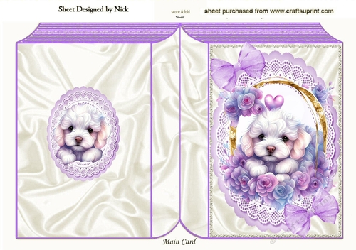 Cute White Puppy In Basket Of Purple Roses Folded Book