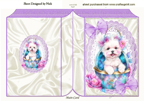 Cute White Puppy In Basket Of Purple Roses Folded Book (One)