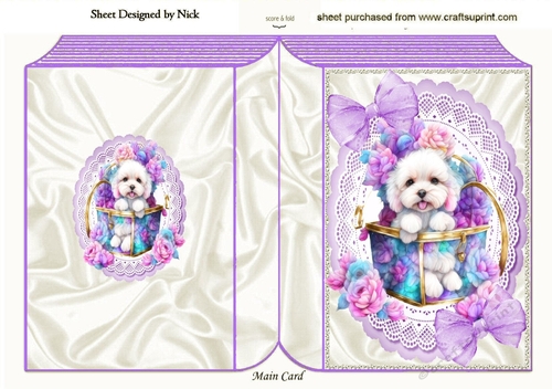 Cute White Puppy In Basket Of Purple Roses Folded Book (Two)