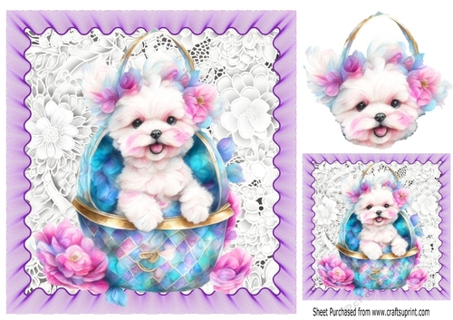  White Puppy In Basket Of Pink & Purple Roses 8x8 