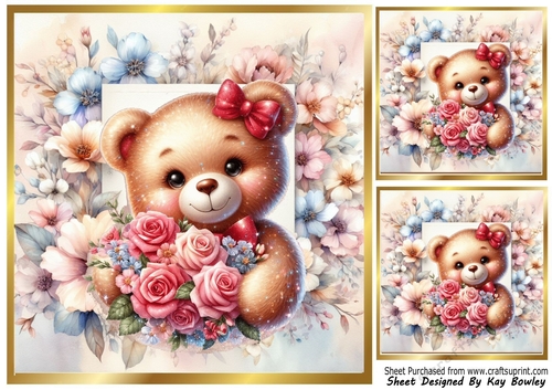 Flower Frame Pastel Colours  8x8 With Cute Teddy & Roses One
