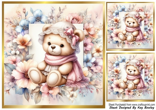 Flower Frame Pastel Colours  8x8 With Cute Teddy & Roses Two