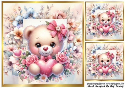 Flower Frame Pastel Colours  8x8 With Cute Teddy & Roses Four