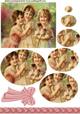Vintage Girls with Puppy Oval Pyramids