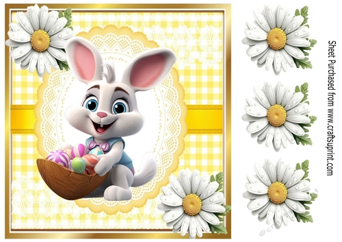Cute Easter Bunny in Yellow Gingham, Lace And Daisies 8x8 (Four)