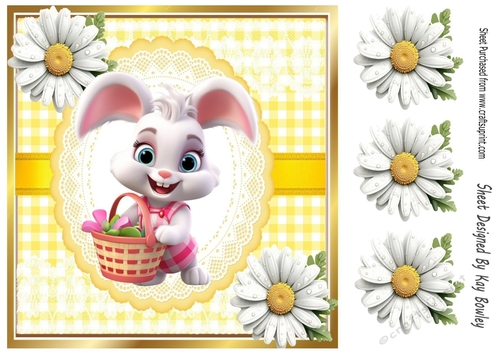 Cute Easter Bunny in Yellow Gingham, Lace And Daisies 8x8 (Three)