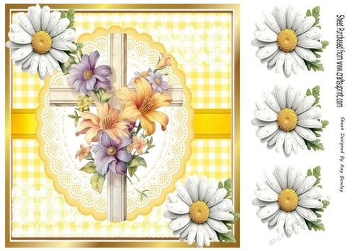 Lovely Easter Cross in Yellow Gingham, Lace And Daisies 8x8 (Three)
